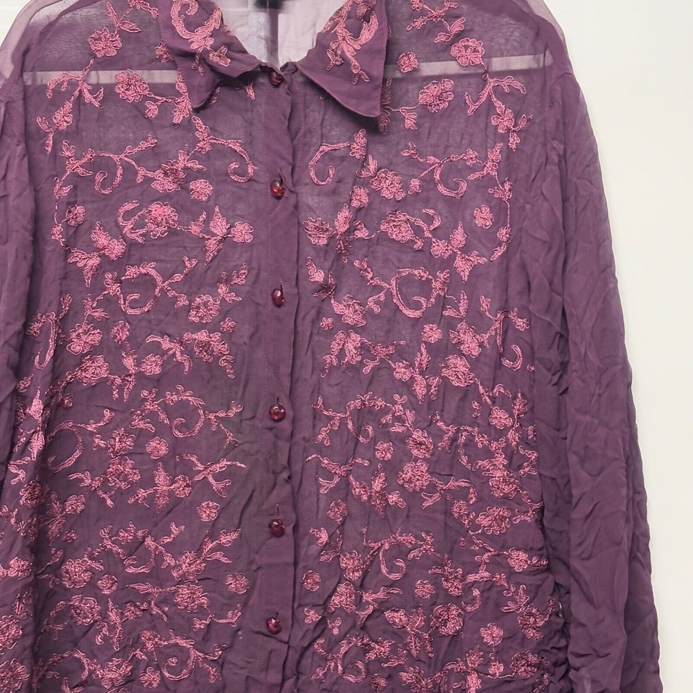 Vtg Carole Little Top Sz10 Chiffon Floral Embroidered‎ Tunic Button Down Sheer